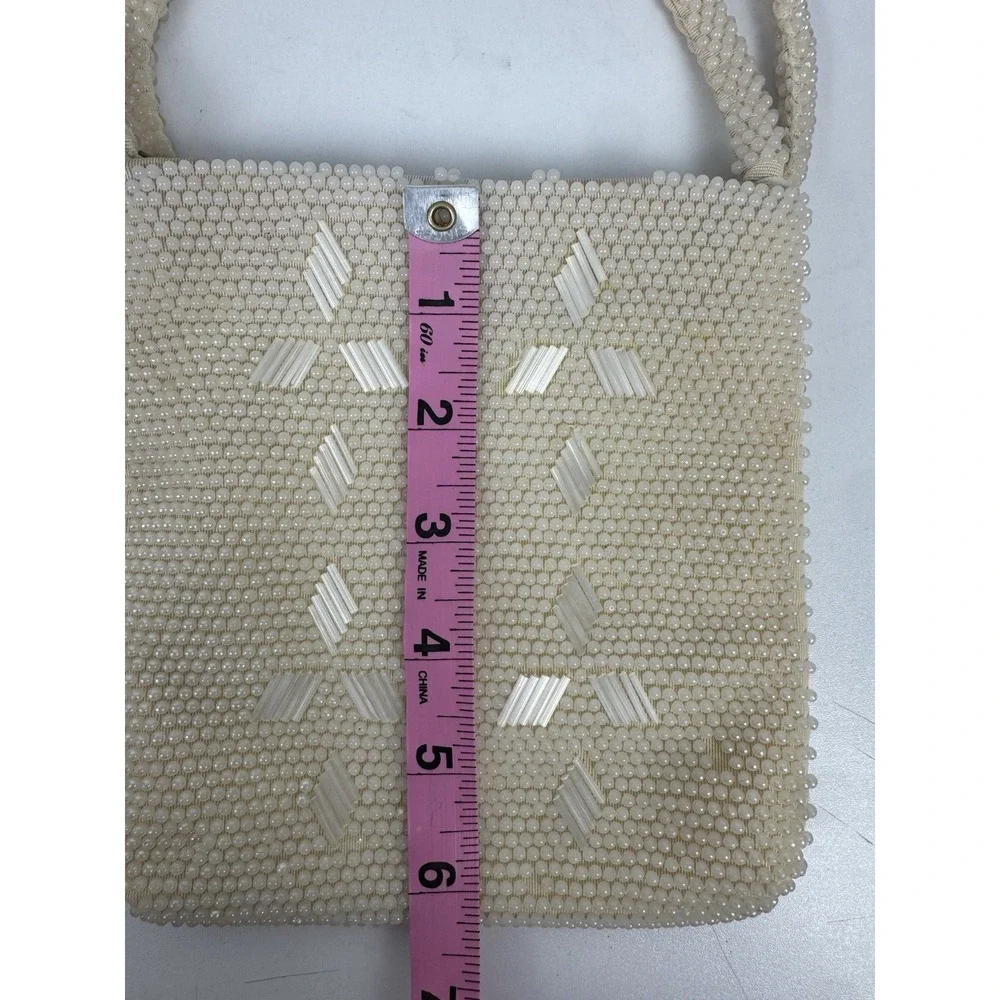 Vtg 1960s Beaded Cream Evening‎ Handbag Handmade Hong Kong Top Handle Purse